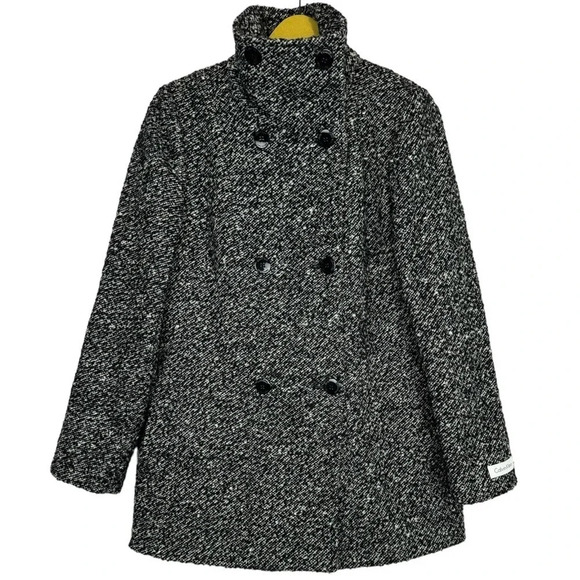 Calvin Klein Wool Blend Pea Coat Jacket Small White Black Doble Breasted Tweed - Picture 3 of 10